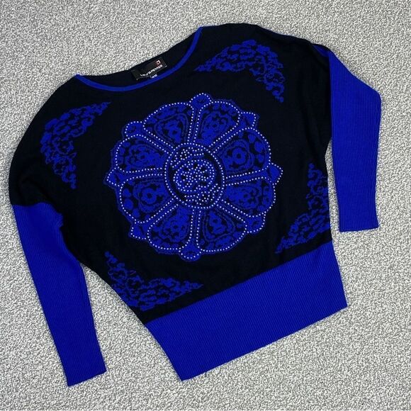 Laura Petites Mandala Print Rhinestone Colorblock Sweater Black Blue XS - Picture 12 of 12